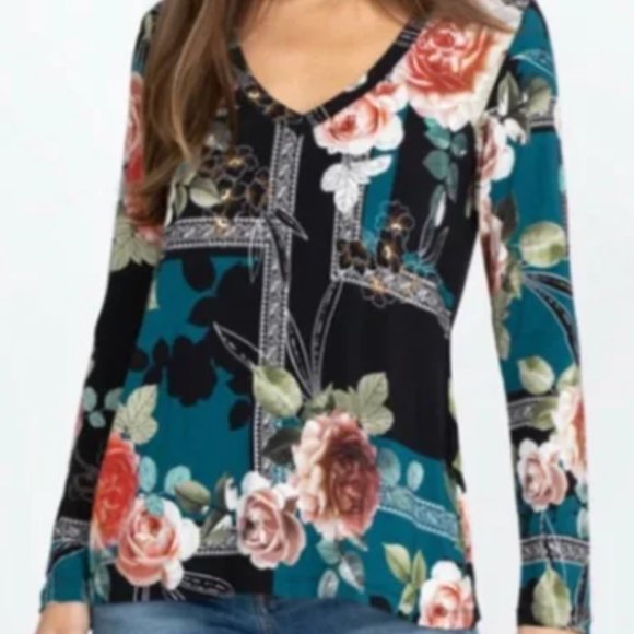 Nice sz L JOHNNY WAS ROSABEL FAVORITE LONG SLEEVE T Shirt Floral Boho Top - Picture 3 of 10